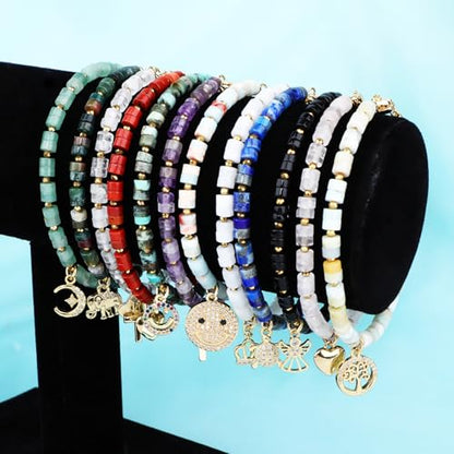 Natural Gemstone Healing Crystal Dainty Charms Bracelet Adjustable Chain Extender Minimalist Jewelry - color: Lapis + Turtle
