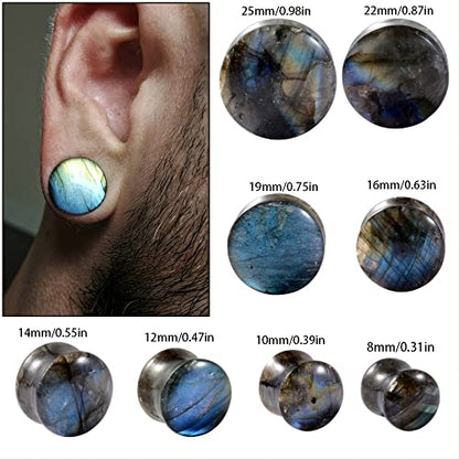 Pair Labradorite Stone Ear Flesh Tunnel Plugs Double Flared Plug Glow Stone Ear Gauges Expander - style: One Pair,1''(25mm)