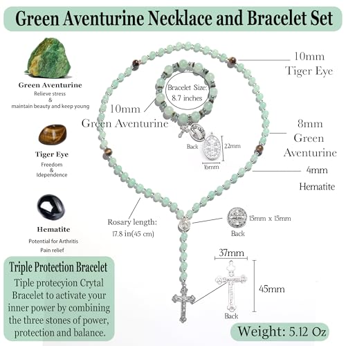 Rosary for Men Women, Natural Stone Beads with St. Benedict Bracelet | 8 mm Natural Stone Prayer Beads with 10 mm Accent Beads, St. Benedict Crucifix, Matching Bracelet, Gift Box and Pouch. - color: Green