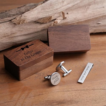 Father of the Bride Gift Set, Wooden Box with Cufflinks and Tie Clip, Bow Tie Design, Wedding Keepsake - color: C2