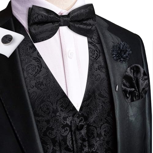 Hi-Tie Silk Mens Suit Vest Tie and Bowtie Lapel Pin Gold Tie Clip Paisley Floral Waistcoat 8PCS Set Tuxedo Wedding Party - color: Black, size: Small