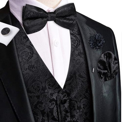 Hi-Tie Silk Mens Suit Vest Tie and Bowtie Lapel Pin Gold Tie Clip Paisley Floral Waistcoat 8PCS Set Tuxedo Wedding Party - color: Black, size: XX-Large
