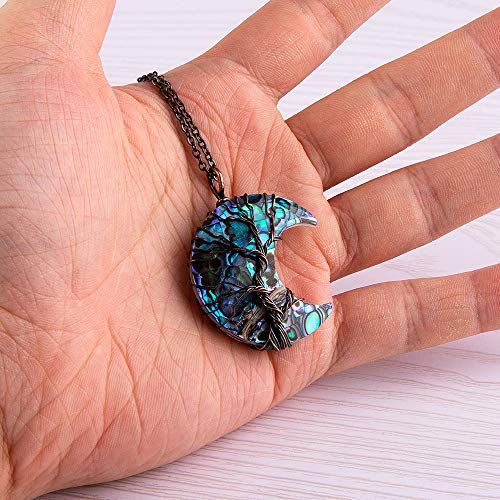 Bivei Life Tree Crescent Moon Necklaces for Women | Copper Wire Wrap Gemstones Pendant Crystals and Natural Stones Necklace Witch Jewellery Christmas Valentine's Day for Friends - color: Blue Abalone Shell, style: Pack of 1