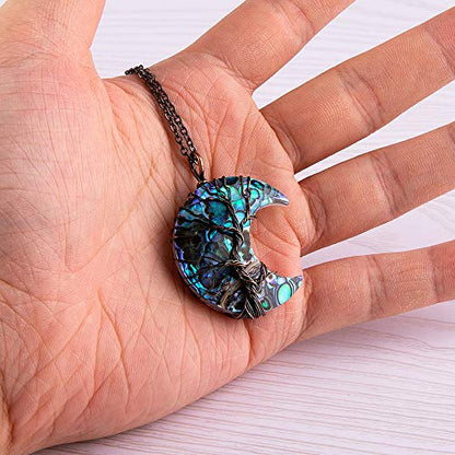 Bivei Life Tree Crescent Moon Necklaces for Women | Copper Wire Wrap Gemstones Pendant Crystals and Natural Stones Necklace Witch Jewellery Christmas Valentine's Day for Friends - color: Blue Abalone Shell, style: Pack of 1