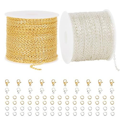 Kyutong 65.6 Feet Stainless Steel Jewelry Making Chains Spool for Crafting | 2 Rolls Cross Cable Chain Links Gold Silver DIY Jewelry Supplies with Lobster Clasps Jump Rings for DIY Handcraft - color: Cable Chain