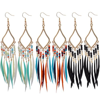 3 Pairs Bohemian Long Feather Tassel Earrings, Handmade Multicolor Seed Beads Fringe Dangle Drop Earrings Retro Statement Jewelry Gifts for Women