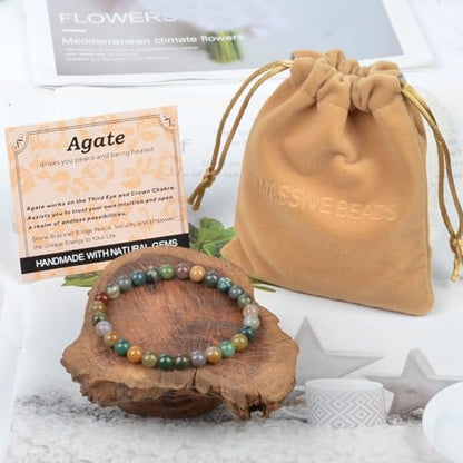 MASSIVE BEADS Handmade Yoga Stretch Elastic Bracelet Natural Stone Crystal Healing Power Energy Gifts for Unisex Adult 4mm 6mm 8mm 10mm - color: Indian Agate(Peaceful), size: 6mm