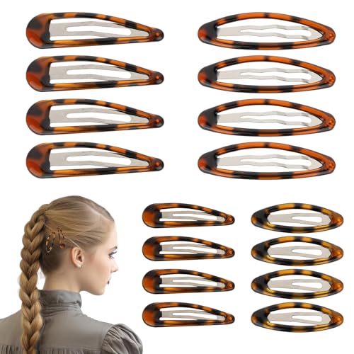 16 Pcs Snap Hair Clips, 4 Size Classic Tortoise Metal Hair Clips No Slip Oval Snap Hairs Clip for Women Girls Various Fine and Thick Hairs DIY Hairstyling Accessories