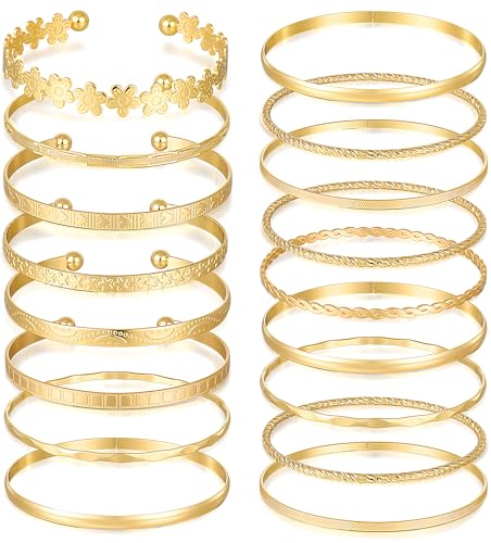 FAXHION Gold Bangle Bracelets for Women, 14 Pcs Multi Layer Stackable Bangle Set, 14K Gold Plated Textured Chunky Bracelets Boho Jewelrys Set - style: Gold B-17 pcs