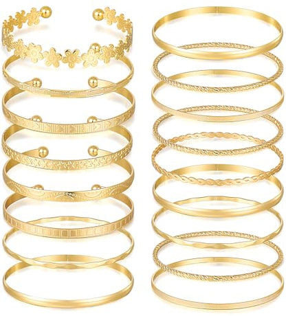 FAXHION Gold Bangle Bracelets for Women, 14 Pcs Multi Layer Stackable Bangle Set, 14K Gold Plated Textured Chunky Bracelets Boho Jewelrys Set - style: Gold B-17 pcs