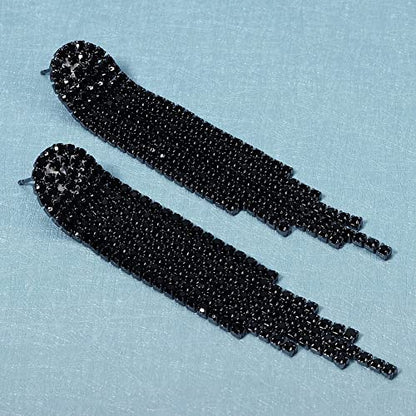Mlouye 3.3"L Rhinestone Earrings Dangling Long Fringe Crystals Chandelier Dangle Drop Earrings for Women - color: 1-Pierced-Black