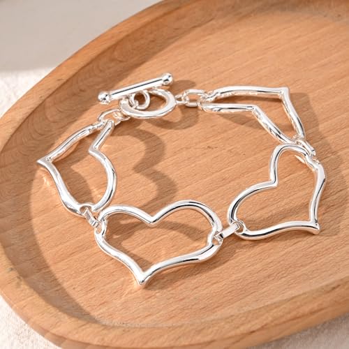 14K Gold & Silver Plated Lightweight Link Bracelet for Women | Stackable Bracelets ,14K Gold Plated Bracelets with CZ,Lightweight Trendy Chain Bracelet Jewelry Gift - style: silver heart