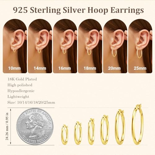 JIAYIQI Sterling Silver Hoop Earrings 18K White Gold Plated Silver Circle Endless Earrings Hoops Jewelry Lightweight Hoop Earring for Women Diameter 10,14,16,18,20,25,30,35,40,50,60mm - style: Gold-16mm