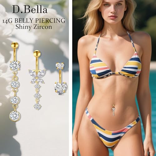 D.Bella Belly Rings for Women Belly Button Piercing Clicker Belly Button Ring Belly Button Rings Dangling 14G Surgical Steel CZ Butterfly Dangle Belly Piercing Jewelry Silver Rose Gold - color: B -Gold