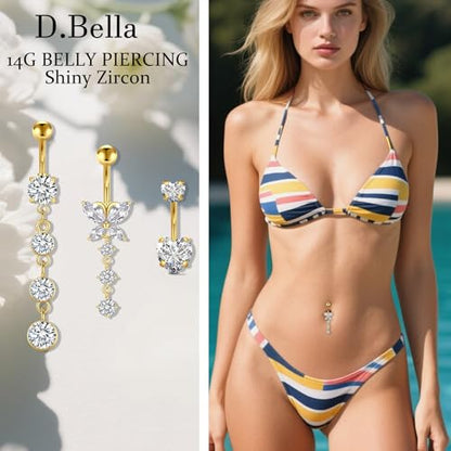 D.Bella Belly Rings for Women Belly Button Piercing Clicker Belly Button Ring Belly Button Rings Dangling 14G Surgical Steel CZ Butterfly Dangle Belly Piercing Jewelry Silver Rose Gold - color: B -Gold