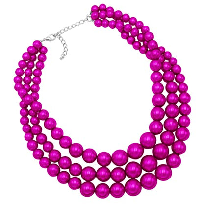 Rosemarie & Jubalee Women's 3 Colorful Multi Strands Simulated Pearl Necklace And Earrings Jewelry Gift Set, 18"+3" Extender - color: Metallic Fuchsia Silver Tone