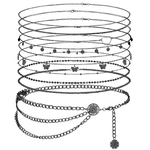 Lenwen 10 Pcs Summer Beach Belly Chain Adjustable Waist Multi Layered Chain Waist Jewelry for Women Girls Multilayer Body - color: Black, style: Stylish Style