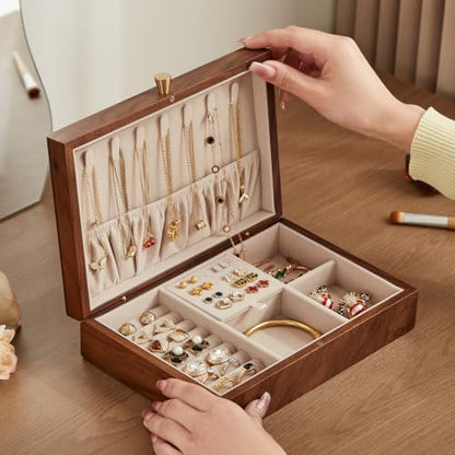 Walnut Wood Jewelry Box with Necklace Hook, Gift for Women | 7 Necklace Hooks, Velvet-Lined, Stores Watches Rings Earrings Necklaces Bracelets, Jewelry Organizer, Gift for Her - style: 1 Layer A
