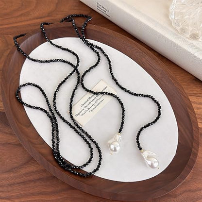 Chunky Puffy Heart Layered Gold Choker & Green Beaded Lariat Necklace with Baroque Pearl Drops, Adjustable Wrap Y Style Bohemian Jewelry Fashion Accessory for Women Gifts - color: black