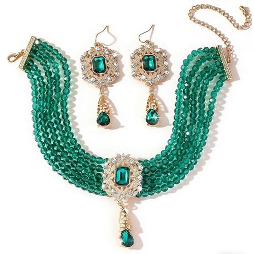 Missgrace Women Silver Black Green Red Rhinestone Crystal Tassels Bridal Necklace Earrings Sets Teardrop Necklace Dangle Earrings Set for Wedding Brides Bridesmaid - color: Green
