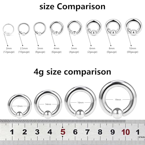 12G 10G 8G 6G 4G 2G 0G 00G Large Septum Rings Gauges Earrings Hoops 316L Surgical Steel Spring Action Captive Bead PA Ring CBR Septum Nose Rings Piercing Jewelry for Women Men - color: Silver, size: 4G=5mm Inner Dia: 9/16" (14mm)