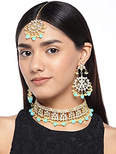 Aheli Elegant Indian Faux Kundan Studded Choker Necklace with Maang Tikka Set Ethnic Wedding Wear Bharatanatyam jewellery set Gift for Women - color: Sky Blue