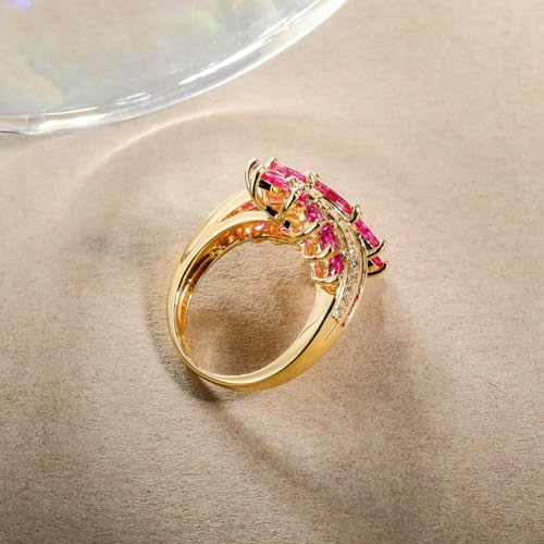 Statement Flower Ring Cocktail Leaf Ring Birthstone Anniversary Signet Ring | Hypoallergenic|14K Gold Plated|Sterling Silver Sparkling Engagement Promise Party Ring for Women, Size 6 to 10(With Box) - color: Leaf - Ruby
