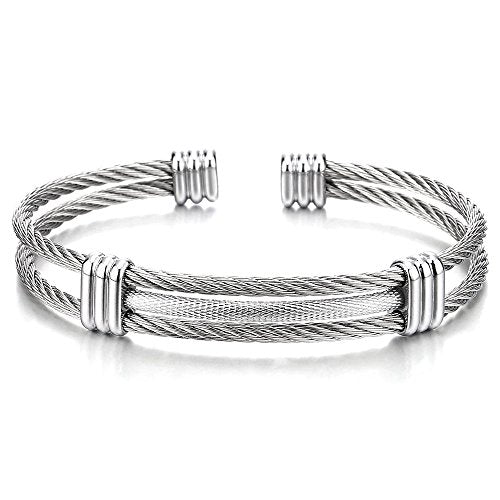 COOLSTEELANDBEYOND Men Women Stainless Steel Twisted Cable Adjustable Cuff Bangle Bracelet - color: A-Metal Color: Silver