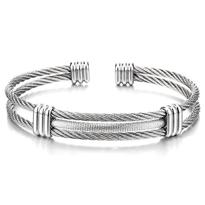 COOLSTEELANDBEYOND Men Women Stainless Steel Twisted Cable Adjustable Cuff Bangle Bracelet - color: A-Metal Color: Silver