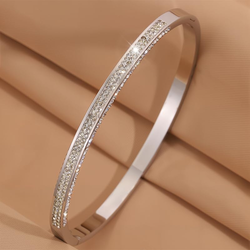 Silver Plated Stainless Steel Bangle Bracelet for Women Triple Row Cuff | Three Row Rhinestone Oval Jewelry with Clear Sparkling Crystals; Secure Adjustable Hinged Clasp Stacking Statement Gift