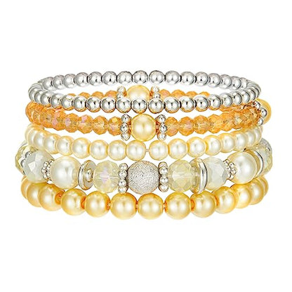 Noessla Beaded Pearl Stretch Bracelet Silver Stackable Crystal Beads Bracelets Trendy Costume Jewelry Mothers Day Gifts for Women - color: Yellow