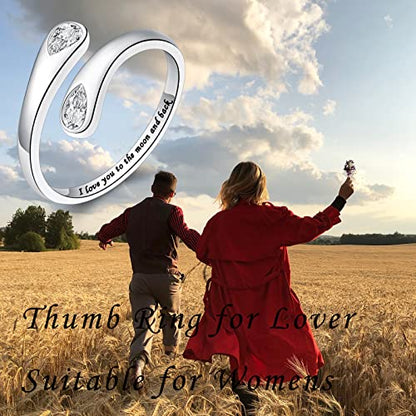 Fookduoduo 925 Sterling Silver Ring Inspirational Jewelry adjustable Wrap Open Rings for Women - style: I love you to the moon and back, style 2