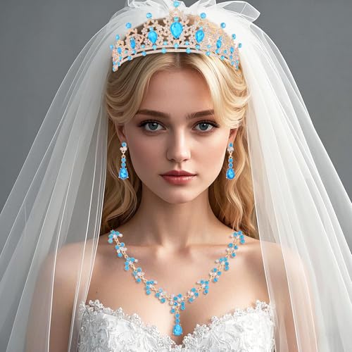 Crystal Crown and Tiara Jewelry Set for Women Bride with Necklace Earrings | Metal Rhinestone Royal Queen Princess Jewelry Set Wedding Quinceanera Pageant Prom Birthday Halloween Party Costume Gift - color: Light Blue