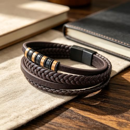 Italian Handmade Leather Bracelets for Men - color: Brown, size: 8.2"
