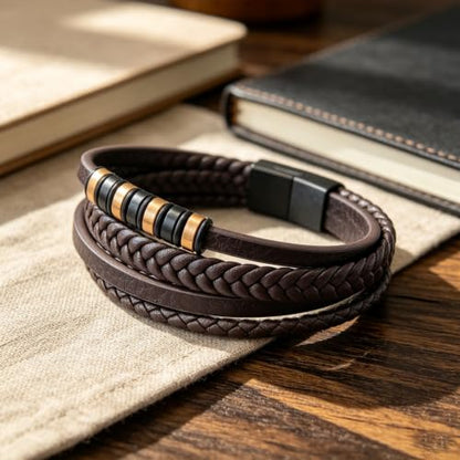 Italian Handmade Leather Bracelets for Men - color: Brown, size: 8.2"