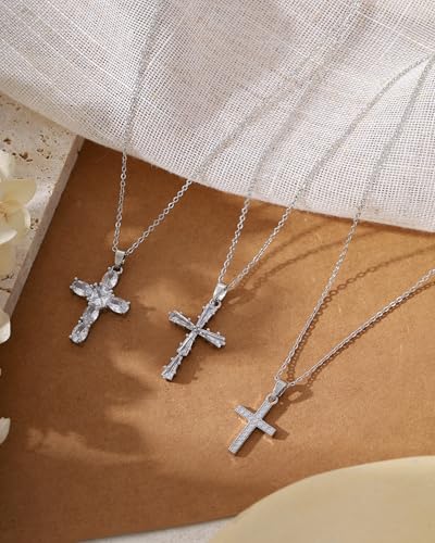 Cross Necklace for Women, 14K Gold Plated Cubic Zirconia Cross Pendant Necklace, Trendy Christian Jewelry Gifts for Baptism First Communion Christmas - color: Style E - Silver