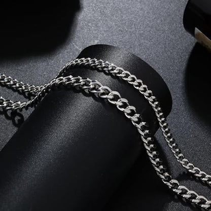 2PCS Cuban Link Chain Set for Men - Gold/Silver Plated Stainless Steel Layered Chain Necklace Non-Tarnish Jewelry Gift - color: Silver, size: 18inch+20inch