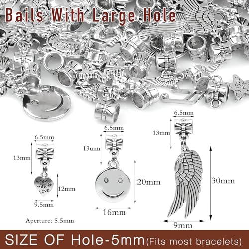 stino 50Pcs Silver Metal Bail Clasp Beads with Charms Mix-style | without repetition, Jewelry Making