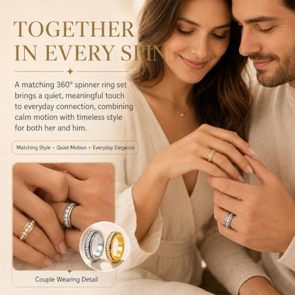 Spinning Fidget Rings for Women, Ultra Quiet Rhinestone Spinner Ring for Stress and Anxiety Relief, Everyday Matching Couple Rings, 2Pcs Gold and Silver Hypoallergenic 304 Stainless Steel, Size 8