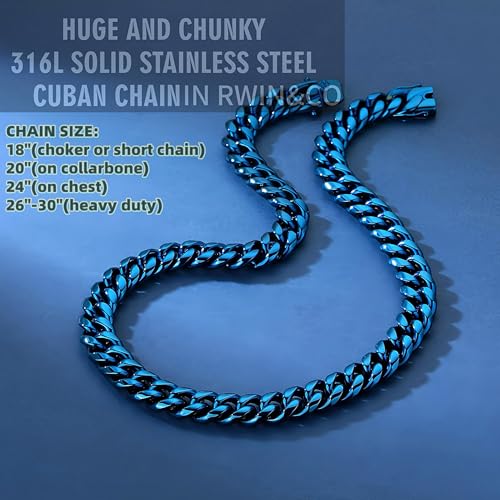 ROWIN&CO Men's Miami Cuban Link Chain 8/12/15mm Stainless Steel Blue Plated Chain Necklace, Hypoallergenic Hip Hop Jewelry, 20-30 Inch, Gift Box
