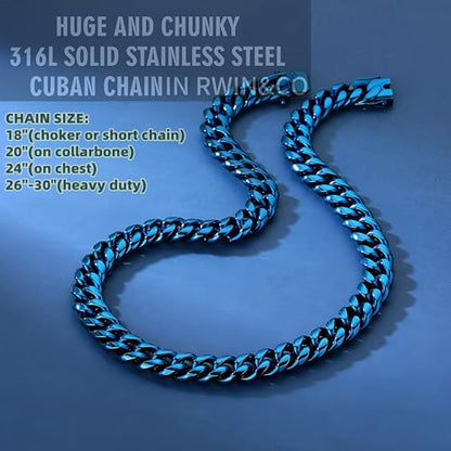 ROWIN&CO Men's Miami Cuban Link Chain 8/12/15mm Stainless Steel Blue Plated Chain Necklace, Hypoallergenic Hip Hop Jewelry, 20-30 Inch, Gift Box