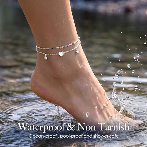 Gold/Sterling Silver Anklet Bracelets for Women Waterproof, Non Tarnish 925 Sterling Sliver Plated Heart Evileye Butterfly Charm, Dainty Summer Beach Anklets for Women, Beach Vacation Bikini Outfits for Her Mom - style: Heart-Silver