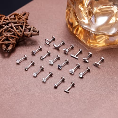 18Pairs 18G Titanium Stainless Steel Stud Earrings Set for Women Men Hypoallergenic Flat Back Cartilage Earring CZ Moon Star Heart Ball Helix Tragus Lobe Stud 6MM 8MM - color: Sliver