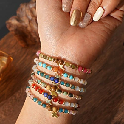 Christian Colorful Natural Gemstones Stone Seed Beaded Bracelets for women Men, Handmade Gold Cross Healing Crystal Jewelry, Lucky Amulet Faith Daily Party Friendship Holiday Gift - color: Pink Quartz