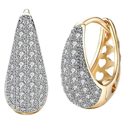 14K Rose Gold Plated Three Row Cubic Zirconia Small Huggie Hoop Earrings Fashion Jewelry for Men Women - color: 14K gold