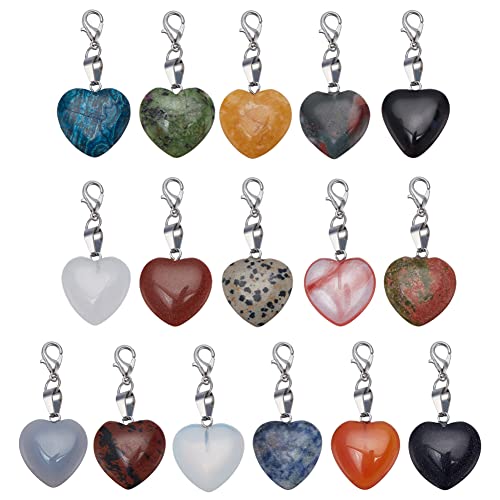 PH PandaHall Heart Stone Charms 16pcs Love Heart Pendants Quartz Gemstone Chakra Stone Charm Pendants with Lobster Claw Clasps for Wedding Necklace Jewelry Making Keychain Mother's Day - color: 16 Color Heart -16pcs