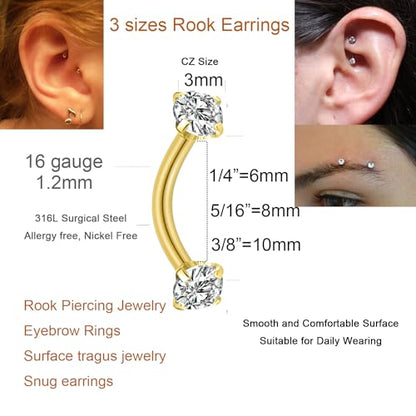 Rook Piercing Jewelry Rook Earrings for Women Eyebrow Rings Surgical Steel Vertical Labret Jewelry 16g 14g Curved Barbell Snug Daith Surface Tragus Piercing Jewelry Silver Gold - color: A6-4pcs+balls-gold