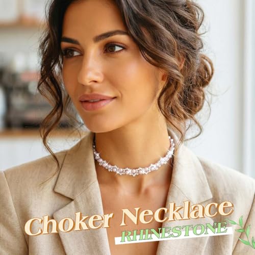 JEAIRTS Pearl Rhinestone Choker Necklace Sparkly Collar Jewelry for Women | Trendy pearls chokers,bling crystal formal prom wedding necklaces