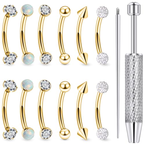 16G Eyebrow Ring Piercing Jewelry Surgical Steel CZ Opal Ball Spike Curved Barbell Vertical Labret Lip Ring Rook Daith Earrings Belly Button Ring Piercing Jewelry for Women Men 6MM 8MM 10MM - color: Gold, size: 16G, 10mm Length