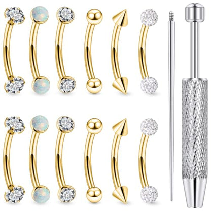 16G Eyebrow Ring Piercing Jewelry Surgical Steel CZ Opal Ball Spike Curved Barbell Vertical Labret Lip Ring Rook Daith Earrings Belly Button Ring Piercing Jewelry for Women Men 6MM 8MM 10MM - color: Gold, size: 16G, 10mm Length